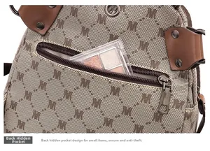 Detail of the back zipper pocket on the monogram printed backpack with storage capacity