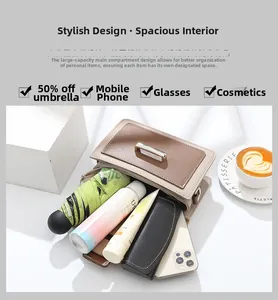 Top view of compact crossbody bag interior showing storage for phone and cosmetics