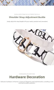 Detailed view of the white woven shoulder strap with gold metal buckle and black patterns