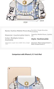 Detailed size comparison of plaid tweed mini bag with pearl handle and phone pocket