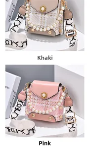 Detail view of khaki and pink tweed mini bags with pearl handles and print straps