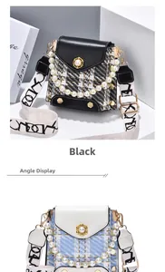 Detail of plaid crossbody bags with faux pearl handles and retro floral buckle closure