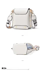 Detailed back and bottom view of white PU leather bag with pearls and wide strap
