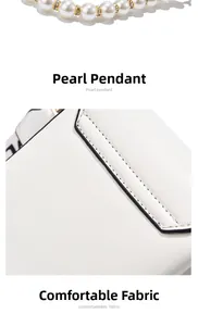 Detailed view of white mini crossbody bag with pearl strap and rhinestone accents