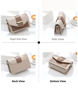 Detail view of two-tone leather square bag showing side, front, and bottom perspectives