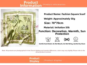 Infographie détaillée du carré de soie 70x70cm motif pivoine avec guide d'entretien