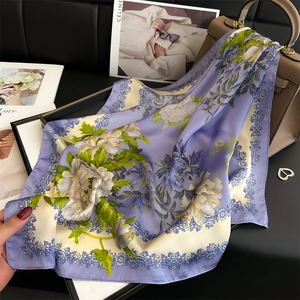 Carré De Satin Élégant Imprimé Pivoine Fini Satiné Foulard De Protection Solaire Châle Rétro Pour Femmes
