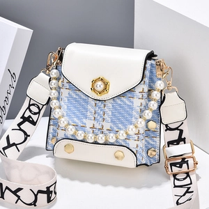 Women Mini Crossbody Phone Bag Tweed PU Leather Plaid Square Bag Artificial Pearl Handle Wide Strap Elegant Fashion Shoulder Bag