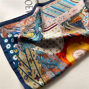 Bohemian style square silk scarf with floral leaf patterns and celestial sun moon prints