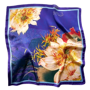 Purple lotus silk square scarf with vibrant floral print and smooth satin texture