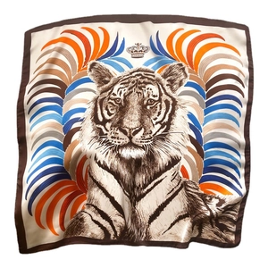 Elegant silk scarf with artistic tiger portrait and crown pattern on a white background
