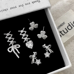 Elegant Asymmetric Heart Bow Star Stud Earrings For Women Copper Silver Plated With Zircon Trendy Jewelry