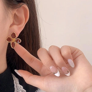 French vintage four-petal flower earrings with brown enamel and gold plated finish