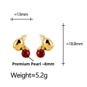 Detail view of red pearl earrings with dimensions: 13mm width, 18.8mm height, 5.2g weight