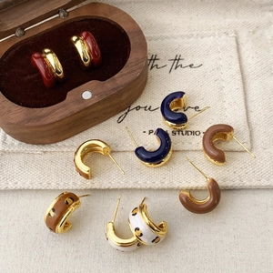 C Shaped Hoop Earrings Copper 18K Gold Plated Enamel Geometric Leopard Print Retro French Style Jewelry For Women