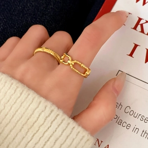 Adjustable Copper Rings Gold Plated Zircon Inlaid Geometric Texture French Style Minimalist Fashion Hand Jewelry For Women