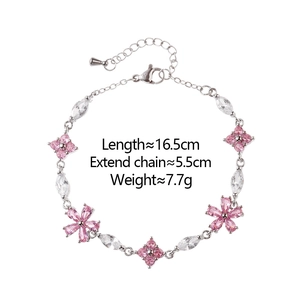 Pink zircon flower bracelet featuring silver chain and white marquise stones, 16.5cm length