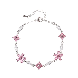 S925 sterling silver bracelet with pink flower crystals and adjustable lobster clasp