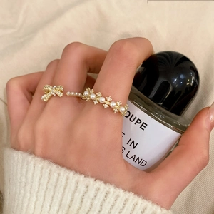 French Elegant Gold Artificial Pearl Rings Bowknot Zircon Alloy 14K Gold Plated Adjustable Open Finger Jewelry For Women