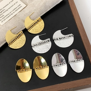 Geometric Copper Stud Earrings Minimalist Oval Crescent Mesh Texture Chic Jewelry Women High End Design