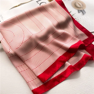 Modern red and white striped silk square scarf for women with elegant geometric pattern