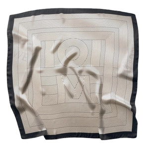 Minimalist black and white striped square silk scarf with geometric brand pattern