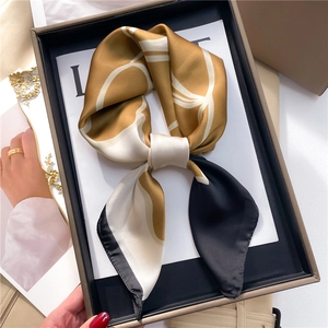 70cm floral silk square scarf with geometric patchwork pattern in gold brown and black