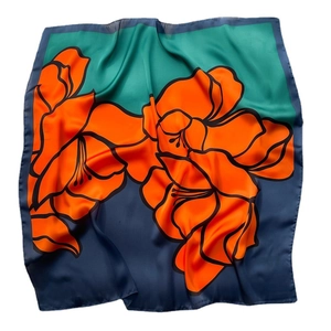 70cm floral silk square scarf in orange and turquoise with a luxury contrast design