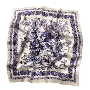 Floral and bird pattern square silk scarf in blue and white porcelain style
