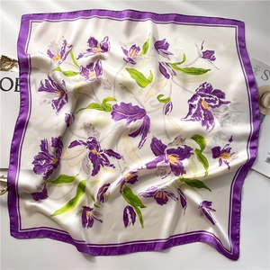 Silk square scarf 70cm with purple iris floral pattern and deep purple border