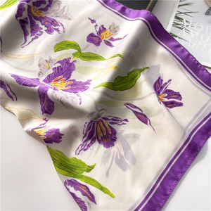 Elegant 70cm silk-like scarf featuring purple iris floral patterns and purple borders