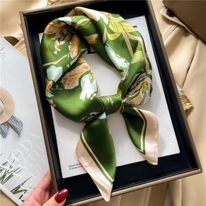 Forest green satin square scarf with floral lily pattern and cream white wide borders