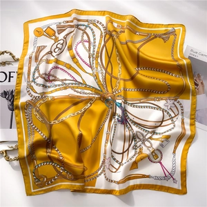 Elegant yellow and white square silk scarf with chain and equestrian pattern design