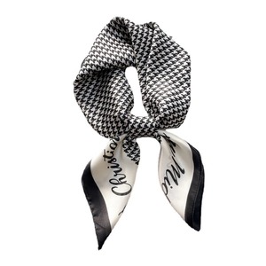 Classic black and white houndstooth silk scarf featuring stylish Christian script print