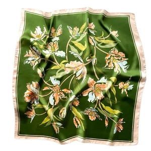 70cm dark green satin silk square scarf with elegant orange lily floral print pattern