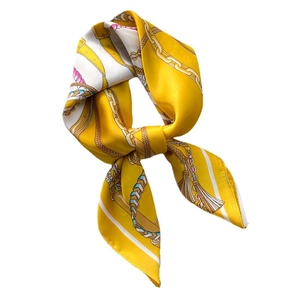Elegant silk scarf with yellow chain pattern and fringe design on white background