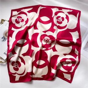 Elegant red and cream camellia silk square scarf with premium artistic floral patterns