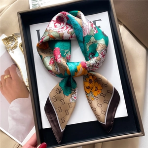 Retro silk-like square scarf with floral print and monogram pattern in gift box