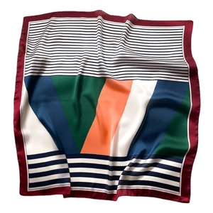 Satin silk square scarf with geometric stripe pattern in navy, green and orange colors