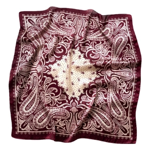 Elegant paisley square scarf in burgundy and cream satin fabric with silk-like luster