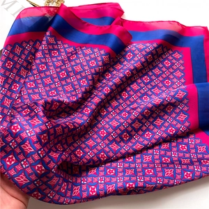 Geometric floral silk scarf in magenta and navy blue 70x70cm square headscarf for women