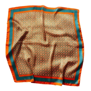 70x70cm geometric floral silk square scarf with vibrant orange and teal floral patterns