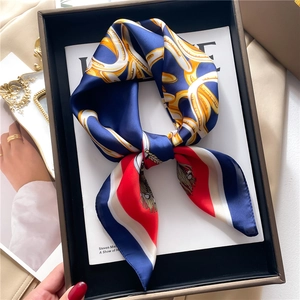 Women Square Scarf Imitation Satin Polyester Printed Horse Chain Pattern Retro Elegant Head Wrap Hair Accessory