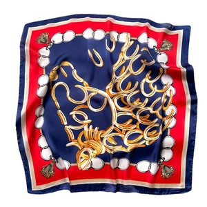 Elegant equestrian pattern silk satin square scarf with gold stirrups and chain design