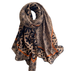Brown long cotton linen scarf with black star patterns and orange borders for women