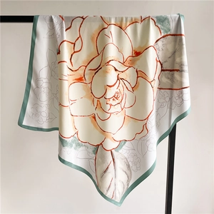 90x90cm camellia silk scarf in cream and mint green with artistic floral print