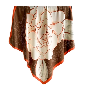 Silk square scarf with camellia flower pattern in brown and orange tones, 90x90cm
