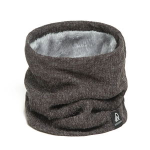 Detail of dark grey knitted neck warmer with thick fleece lining and brand label tag
