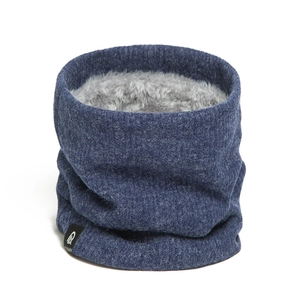 Detail of dark blue knit snood with thick grey fleece lining and side brand label