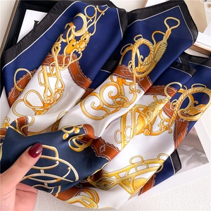 Elegant 70x70cm square silk scarf with vintage gold chain and navy belt pattern print
